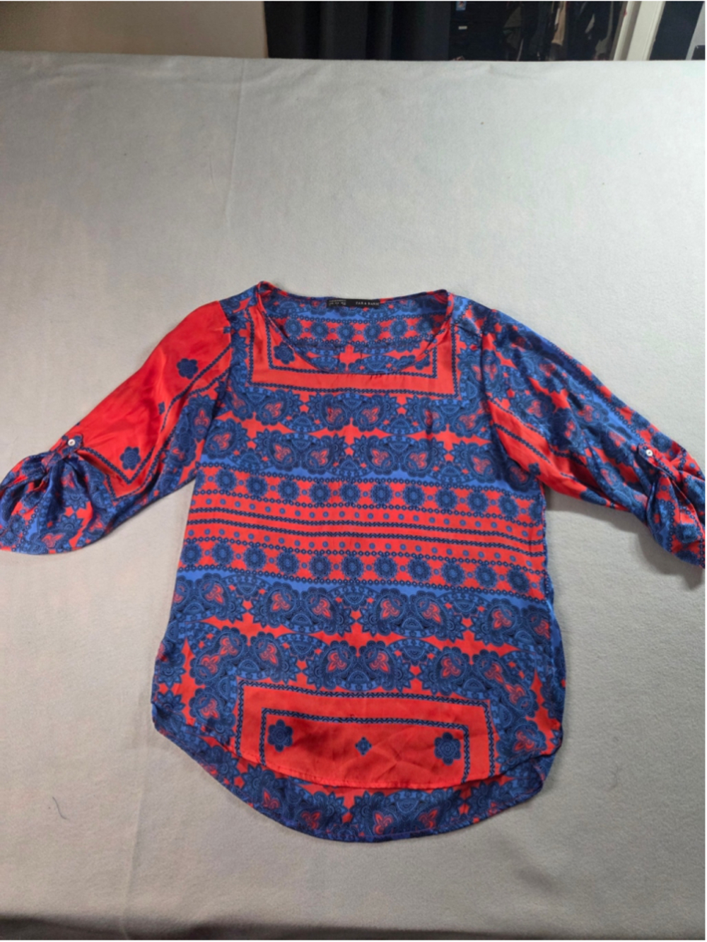 Women's Zara Basic Red and Blue Paisley Print Blouse, Size S